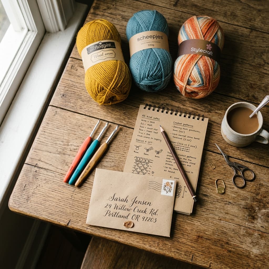 Crochet yarn, needles, and a warm envelope on a worktable