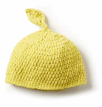 Finished crochet baby hat with leaf